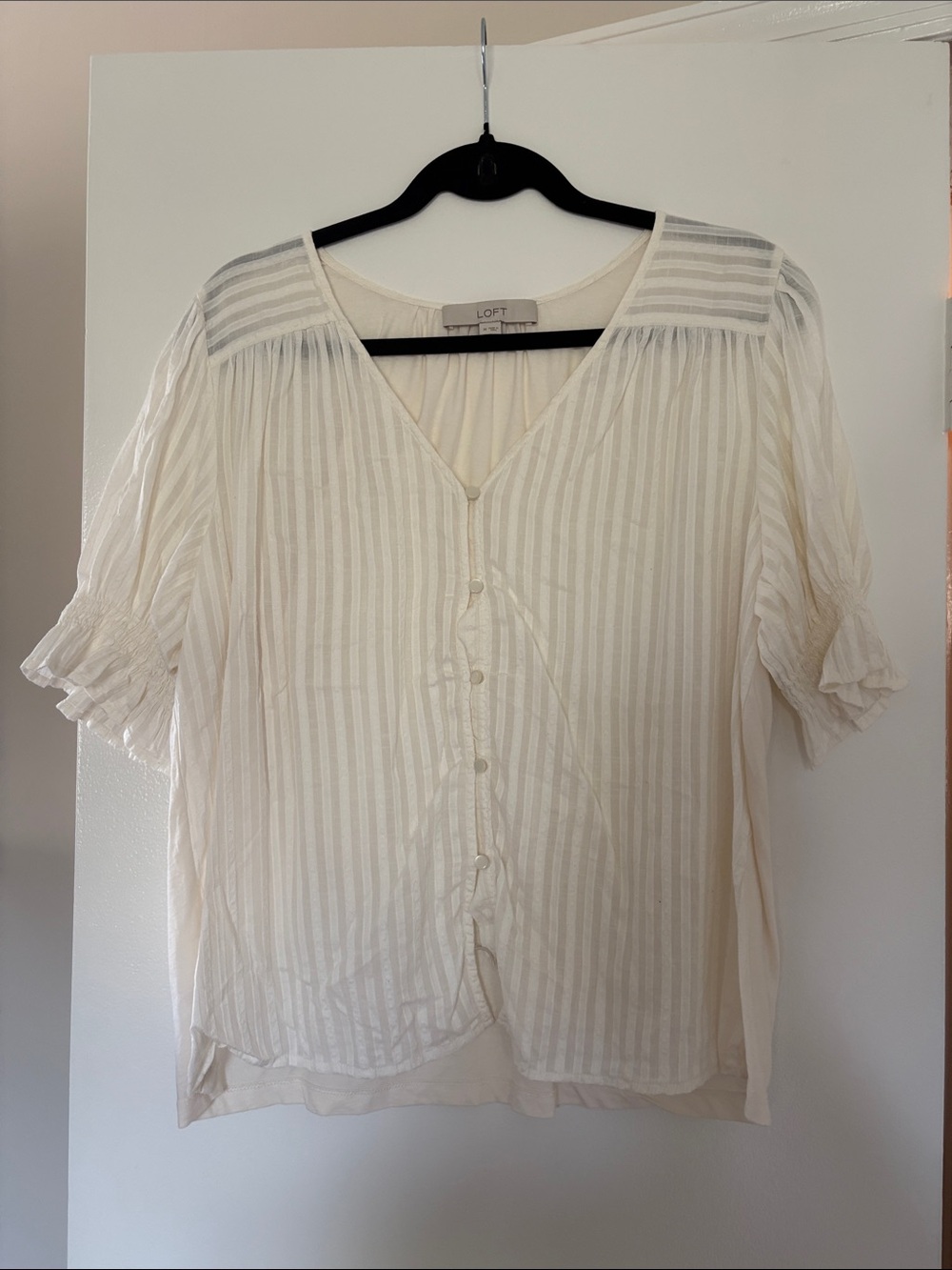 LOFT Cream Striped V-Neck Button Blouse